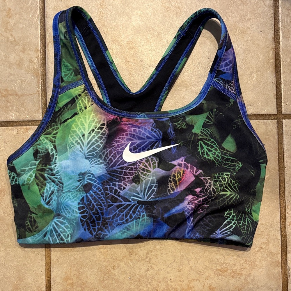 Nike Multicolor Leaf-Print Racerback Sports Bra with White Swoosh